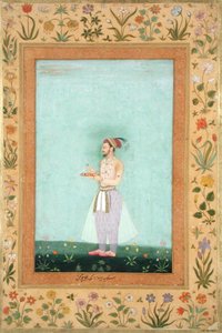 Príncipe Dara Shikuh sosteniendo una bandeja de joyas, del Álbum Minto de Mughal School