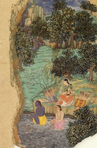 Rama y Lakshmana ofreciendo agua a su padre muerto en las orillas del río Mandakini, c.1595 de Mughal School