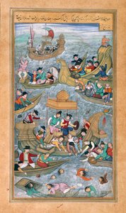 Sultan Bahadur y Rumi Khan saltando al mar cuando están rodeados de barcos portugueses, desde Akbarnama