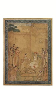 El emperador Jahangir en la Zenana de Mughal School