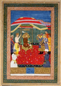 El emperador mogol Babur (1526-1530) sentado en un trono recibiendo a un príncipe, Johnson Album I, n.º 3 numerado 65 de Mughal School