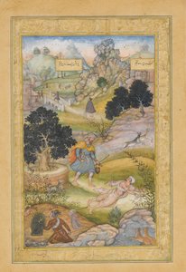 Un peregrino musulmán aprende una lección de piedad de un brahmán, Folio de un Khamsa de Muhammad Husain Kashmiri