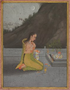 Escena nocturna de la Puja de Shiva, c.1760-70 (acuarela opaca con oro sobre papel) de Muhammad Riza i Hindi
