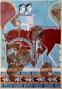Arte micénico: pareja en un carro. Fragmento de fresco del palacio de Tirinto y reconstrucción de Mycenaean