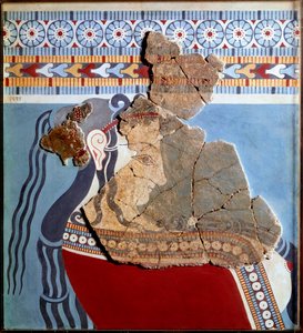Arte micénico: busto femenino. Fragmento de fresco del palacio de Tirinto y reconstrucción