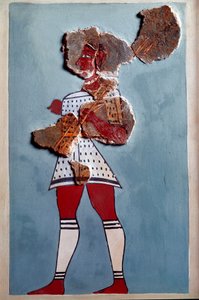 Arte micénico: guerrero. Fragmento de fresco del palacio de Tirinto y reconstrucción