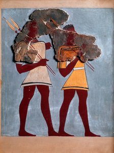 Arte micénico: guerreros. Fragmento de fresco del palacio de Tirinto y reconstrucción
