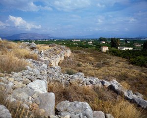 Ruinas de la fortaleza de la ciudadela: sitio de la antigua ciudad de Tirinto, alrededor de 1200 a.C. Grecia de Mycenaean