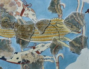 Fresco del palacio de Tirinto (Grecia). Detalle: grupo de perros atacando a un jabalí. Civilización micénica de Mycenean