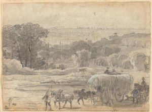 Paisaje vespertino con un carro de heno de Myles Birket Foster