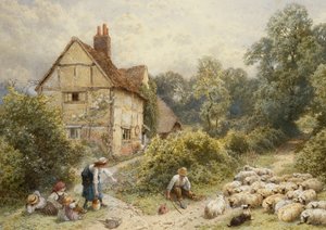 Granja Fowl House, Witley, con niños, un pastor y un rebaño de ovejas cerca