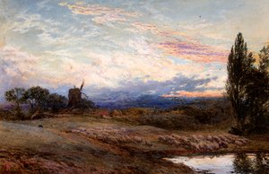 Ovejas abrevando al atardecer (acuarela) de Myles Birket Foster