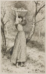 Joven en un huerto con una cesta de frutas de Myles Birket Foster