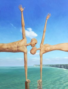 Pareja besándose de forma surrealista