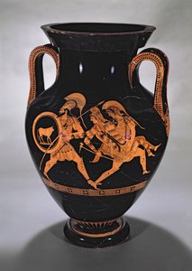 Ánfora de figuras rojas del Ático que representa el rapto de Antíope con Teseo y Pirítoo, c.500-490 a.C. (cerámica)
