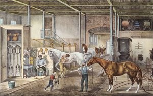 Modelo de establo donde los mozos y mozos de cuadra cuidan realmente de los caballos, grabado del libro "America" de Currier e Yves 1870