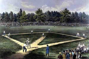 El juego nacional americano de béisbol, gran partido por el campeonato en los campos de Elysian, Hoboken, N.J. 1866 de Currier and Ives