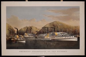 Barcos de vapor americanos en el Hudson. Pasando las Highlands. Drew, St John y Excelsior de N. and Ives J.M. (1824 95) Currier