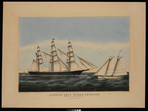 Clipper Ocean Express con destino al exterior "descargando al piloto" de N. and Ives J.M. (1824 95) Currier