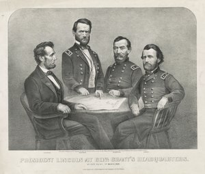 El Presidente Lincoln en el Cuartel General del General Grant, c.1865 de Currier and Ives
