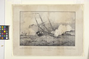 Hundimiento del Cumberland por el acorazado de hierro "Merrimac" (litografía) de N. and Ives J.M. (1824 95) Currier