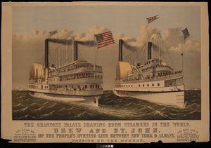 Los vapores de salón más grandes del mundo, Drew y St John de la Peoples Evening Line entre Nueva York y Albany... de N. and Ives J.M. (1824 95) Currier