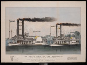 La Gran Carrera en el Mississippi de Nueva Orleans a St. Louis 1210 millas. Entre los vapores Robt. E. Lee... y Natchez... Ganada por R.E. Lee