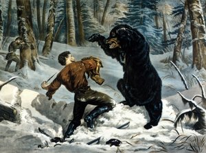 La vida de los tramperos (cazadores profesionales) en Canadá: un cazador es atacado por un oso grizzly. Ilustración de Yves y Currier. de Currier and Ives