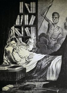 Ilustración de Currier & Ives del Siglo XIX. El Hombre Malo en la Hora de la Muerte de N. and Ives, J.M. Currier