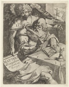 Mateo el evangelista Matthei Evangelium abre y argumenta (título sobre el objeto) Página de título para: S. van Til, Het euangelium des H. Apostles Matthæi (...) abierto por notas breves, 1687 de N. van Til