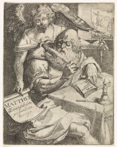 Mateo el evangelista Matthei Evangelium abre y argumenta (título sobre el objeto) Página de título para: S. van Til, Het euangelium des H. Apostles Matthæi (...) abierto por notas breves, 1687 de N. van Til