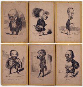 6 Retratos de carga: Pierre Jean de Béranger (1780-1857) compositor francés, Alexandre Dumas hijo (1824-1895), Louis Adrien Huart (1813-1865) periodista, escritor y director de teatro francés, Gérard de Nerval (1808-1855), escritor francés, Charles Mathare de Nadar