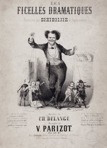 Retrato de Jean Berthelier (1830-1888) sosteniendo los hijos de marionetas. Álbum "Les Ficelles Dramatiques deroulees por Berthelier de la ópera cómica"
