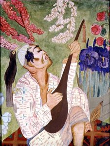 Hombre japonés tocando un laúd