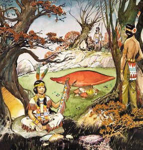 A Squaw and Braves, ilustración de "Peter Pan" de J.M. Barrie (gouache sobre papel)