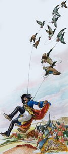 Barón Munchausen llevado por patos (gouache sobre papel) de Nadir Quinto