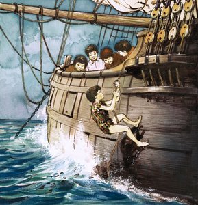 Peter Pan subiendo a bordo, ilustración de "Peter Pan" de J.M. Barrie (gouache sobre papel) de Nadir Quinto