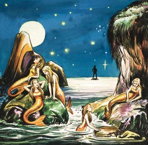 Peter y las sirenas, ilustración de "Peter Pan" de J.M. Barrie (gouache sobre papel)