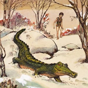 Peter sigue al cocodrilo, ilustración de "Peter Pan" de J.M. Barrie (gouache sobre papel)
