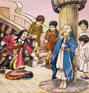 Wendy atada al mástil, ilustración de "Peter Pan" de J.M. Barrie (gouache sobre papel)