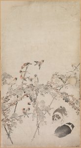 Cachorros, gorriones y crisantemos de Nagasawa Rosetsu