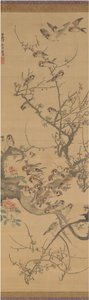 Gorriones en un ciruelo de Nagasawa Rosetsu