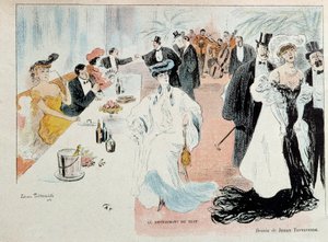 En el restaurante nocturno, parisinos de la burguesía en ropa de noche en el restaurante, botellas de champán en la mesa, una orquesta toca al fondo del salón de Nagayama Koen