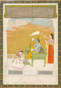 Lakshmi masajeando el pie de Vishnu, ca. 1765-1770 de Nainsukh Manju