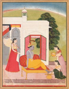 Los pies de Krishna lavados por sirvientas, Punjab Hills, Basohli, c.1780