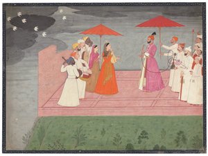 Músicos tocando un raga para Balwant Dev Singh durante la temporada de lluvias, c.1745-50