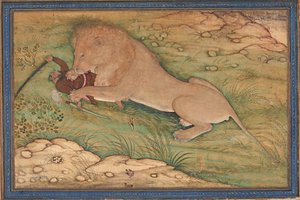 Peligros de la caza, un león se abalanza sobre un cazador, c.1615 de Nanha