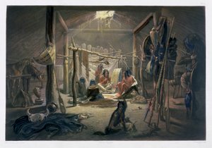 El interior de la cabaña de un jefe Mandan, 1843 de Narcisse Desmadryl