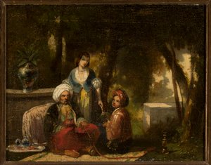 Hombre con narguile ante un paisaje forestal de Narcisse Virgile Diaz de la Peña