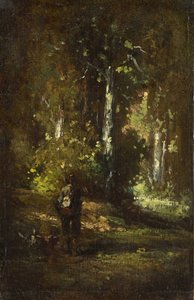 Vista del interior del bosque con un cazador. de Narcisse Virgilio Diaz de la Peña, Alexandre Gabriel Decamps